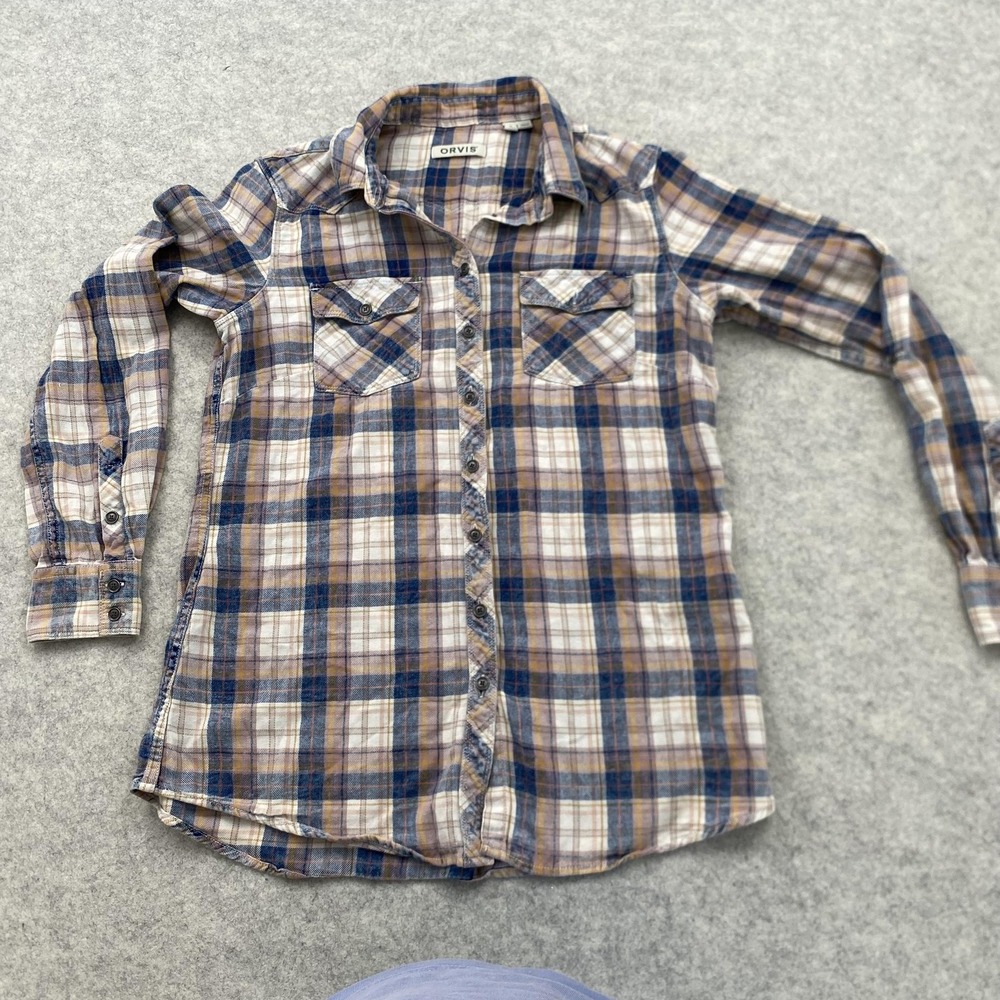 Orvis Shirt Mens Small Blue Plaid Cotton Twill Long Sleeve Button Up Casual